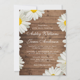 Invitation Jolies marguerites Blanc Floral Rustique Bois Mari
