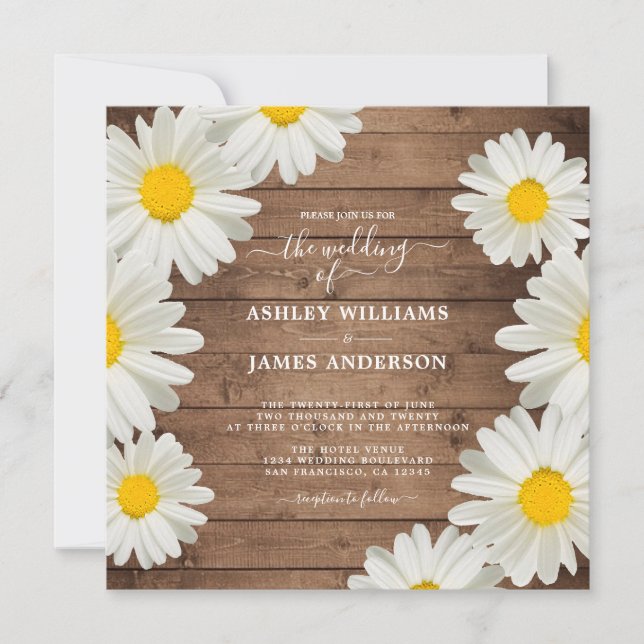 Invitation Jolies marguerites Blanc Floral Rustique Bois Mari (Devant)