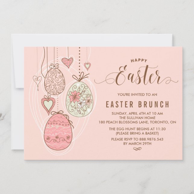 Invitation Jolies Ornements Roses | Brunch de Pâques et chass (Devant)