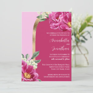 Invitation Jolies pivoines roses avec or sur Mariage rose
