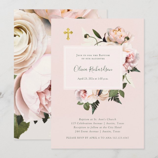 Invitation Jolies roses roses et fougères roses avec or | Bap (Devant / Derrière)