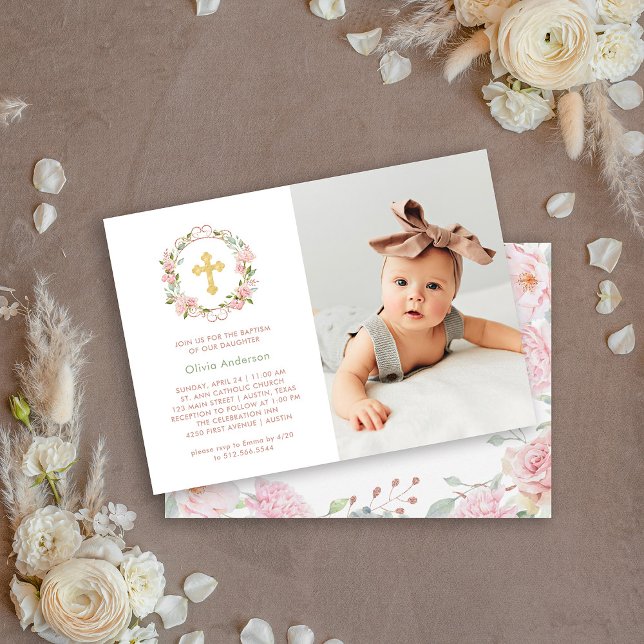 Invitation Jolies roses roses roses et Croix d'or | Photo Bap (Créateur téléchargé)