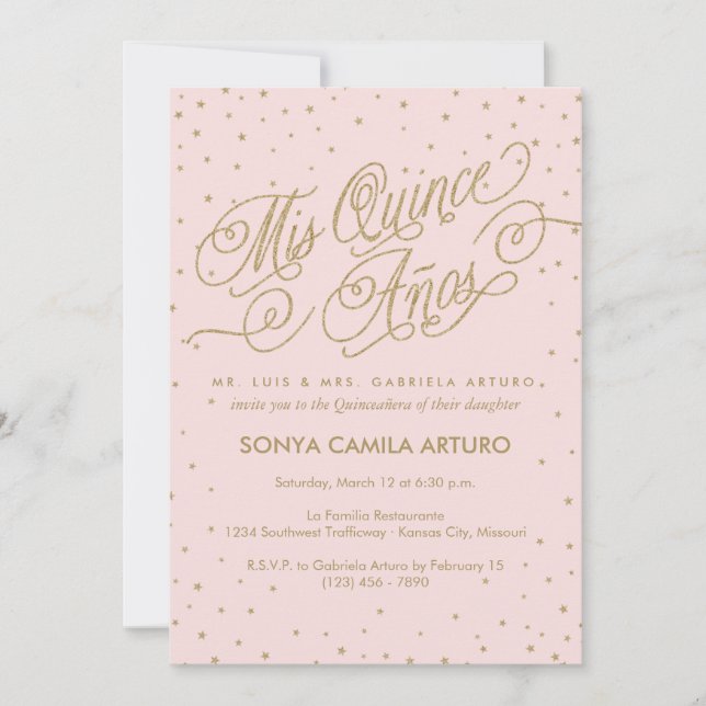 Invitation Jolies Stars Rose & Or Quinceañera 15e anniversair (Devant)