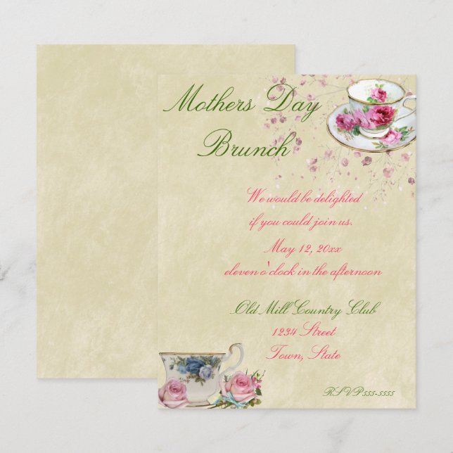 Invitation Jolies tasses à thé, Fête des Mères ou Brunch Mari (Devant / Derrière)