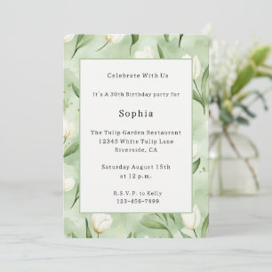 Invitation Jolies Tulipes Blanches Vertes Fleur Fête d'Annive