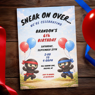 Invitation Jolis ballons bleus et rouges Deux ninjas pour un