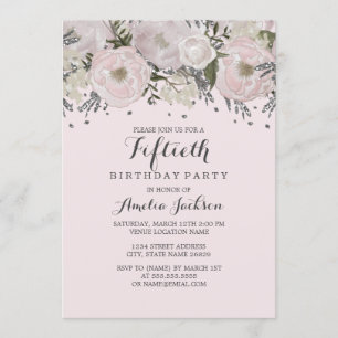 Invitation Jolis Blush rose argent floral 50e anniversaire