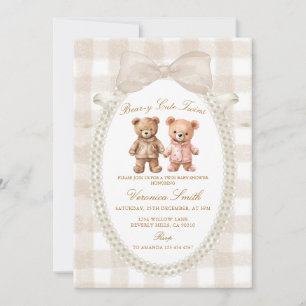 Invitation Jolis jumeaux beige blanc ourson Bébé arrive