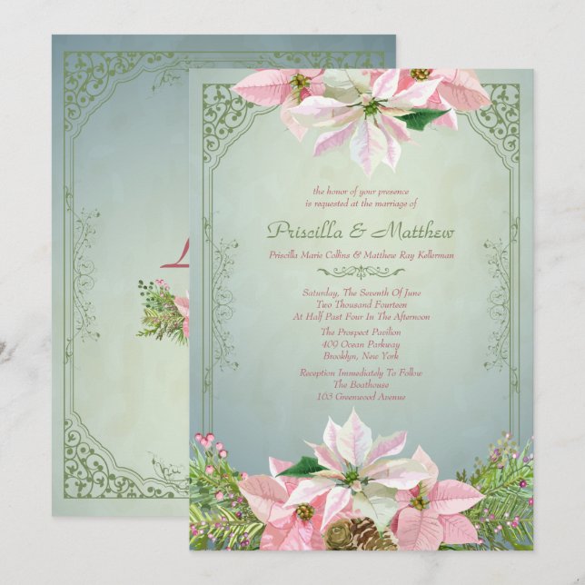 Invitation Jolis pin d'hiver et poinsettia, mariage floral (Devant / Derrière)