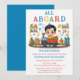 Invitation Jote Baby shower de train rouge bleu garçon Invita