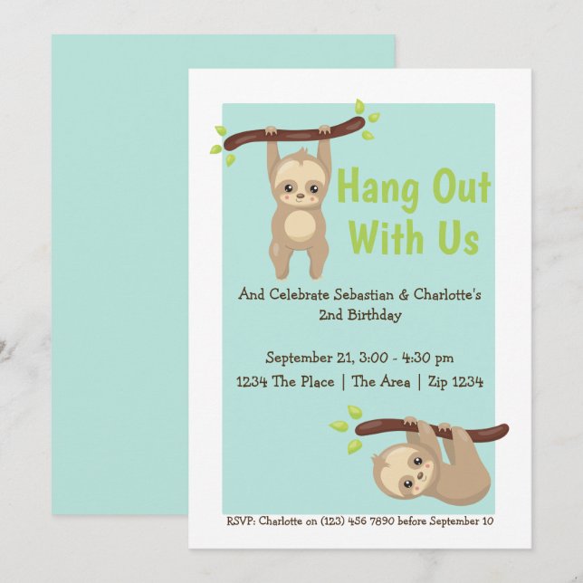 Invitation Jote Cartoon Sloth fête d'anniversaire (Devant / Derrière)