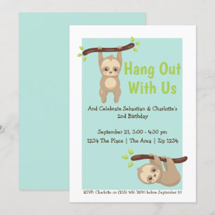 Invitation Jote Cartoon Sloth fête d'anniversaire
