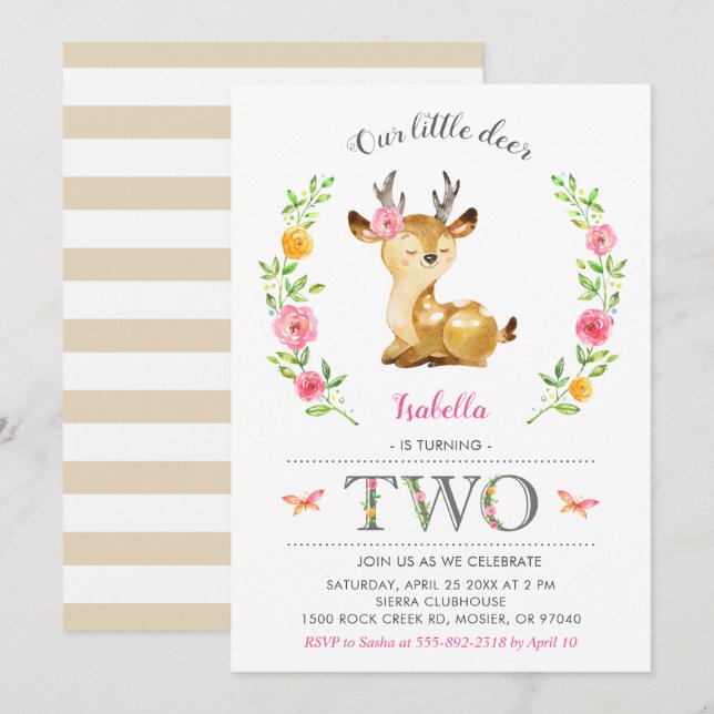 Invitation Jote Deer Girl Woodland Floral 2ème anniversaire (Devant / Derrière)