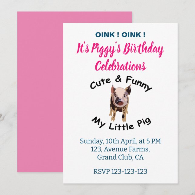 Invitation Jote Funny Pig's Birthday Farm Animal Party (Devant / Derrière)