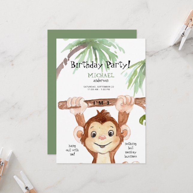 Invitation Jote Jungle Monkey Boy fête d'anniversaire (Devant/Arrière en situation)