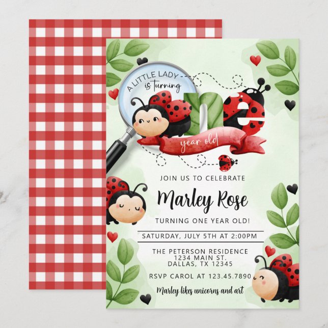 Invitation Jote Ladybug Beetle tourné UNE 1ère fête d'anniver (Devant / Derrière)