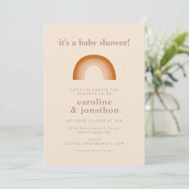 Invitation Jote les années 70 Rainbow Baby shower en terre cu (Debout devant)