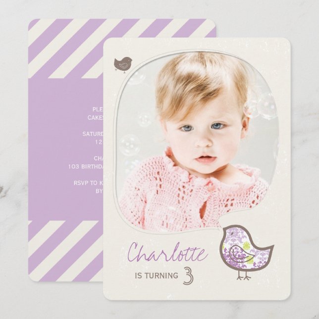 Invitation Jote Purple Damask Bird Girl Photo Anniversaire (Devant / Derrière)