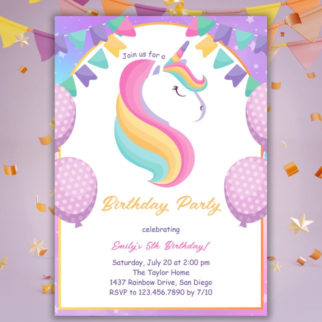 Invitation Jote Purple Girls Unicorn Anniversaire (Créateur téléchargé)