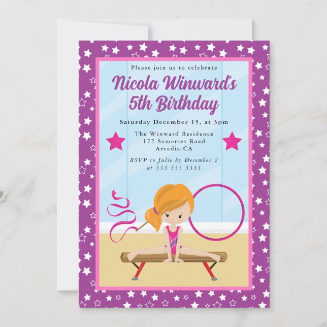 Invitation Jote Red Haired Girl Gymnast Anniversaire de enfan (Devant)