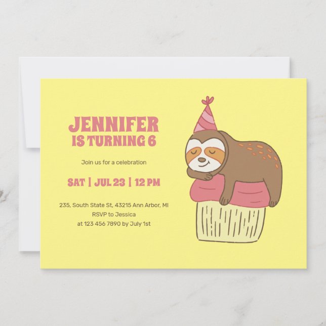 Invitation Jote Sloth dormant sur Cupcake Anniversaire de enf (Devant)