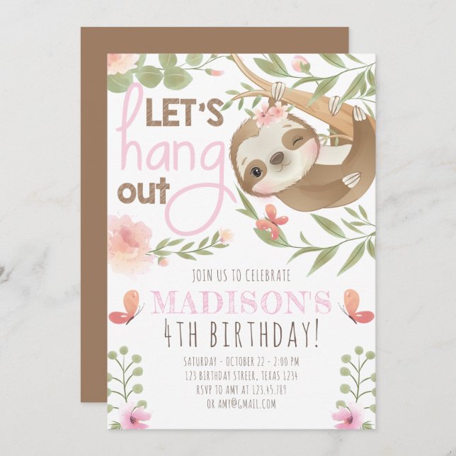 Invitation Jote Sloth Girl Anniversaire (Devant / Derrière)