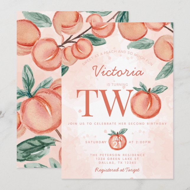 Invitation Jote Sweet Peach tournant deux deuxième fête d'ann (Devant / Derrière)