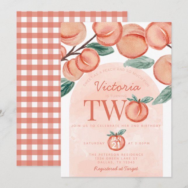Invitation Jote Sweet Peach tournant DEUX fête d'anniversaire (Devant / Derrière)