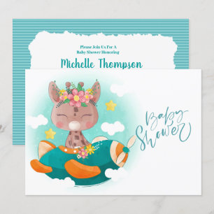 Invitation Jote Turquoise avion Baby shower girafe
