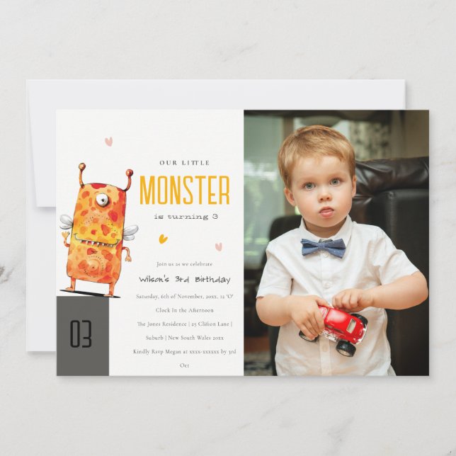 Invitation Jote Yellow One Eyed Monster Enfants Photo Anniver (Devant)