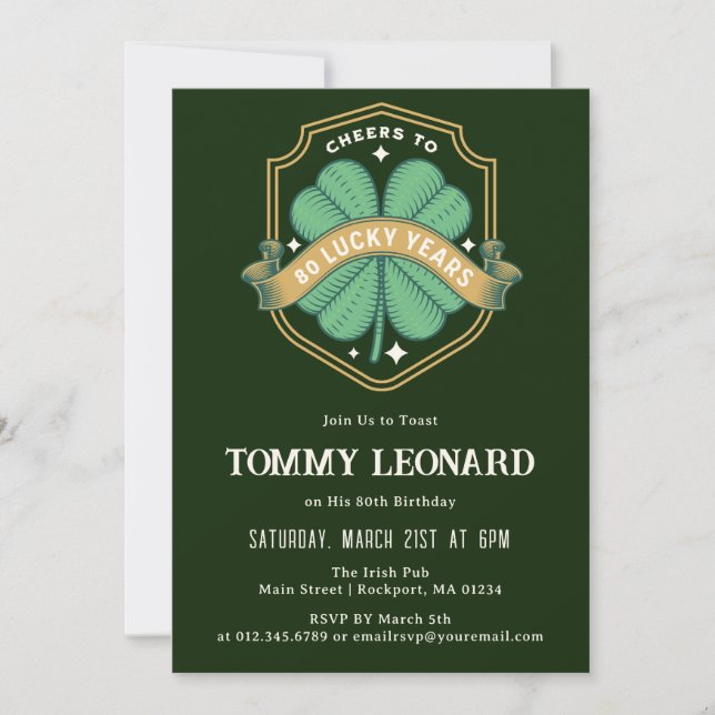 Invitation Joue à 80 ans Shamrock chanceux Anniversaire (Devant)