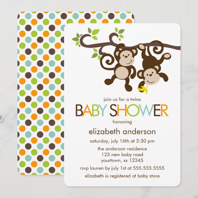 Invitation Jouer Baby shower des jumeaux de singes (Devant / Derrière)