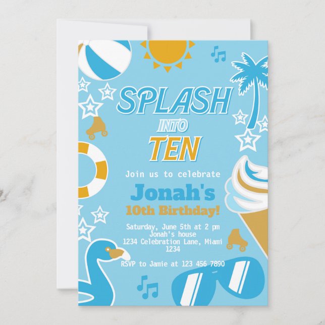 Invitation Jouer dans dix Pool Party Anniversaire Garçon été (Devant)