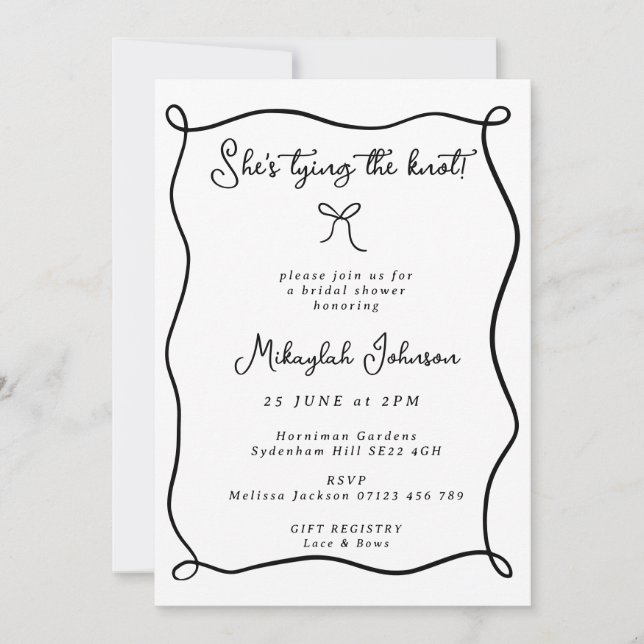Invitation Jouer le noeud Fête des mariées noir et blanc (Devant)