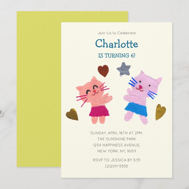 Invitation Jouer Papier Jaune Collage Chats Anniversaire de e (Devant / Derrière)