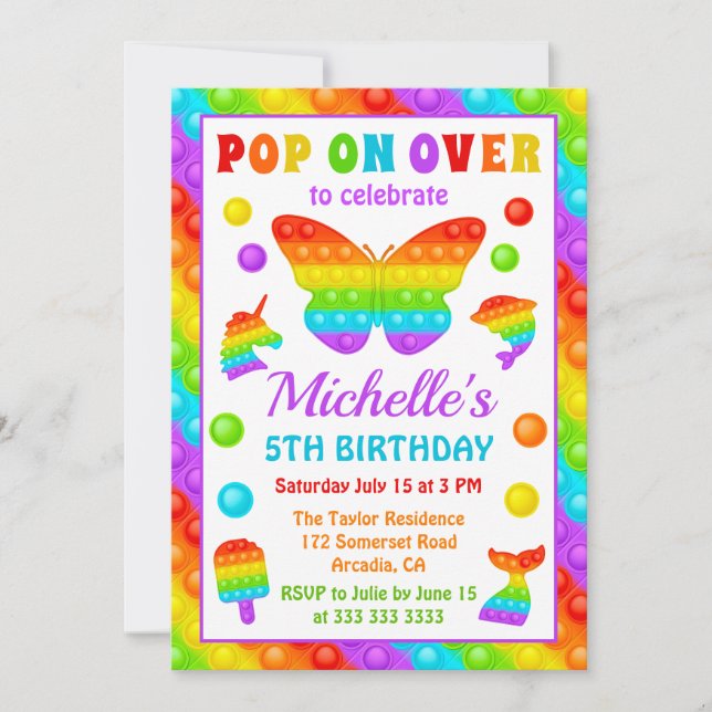 Invitation Jouet anti-stress Pop It arc-en-ciel pour annivers (Devant)