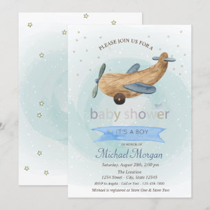 Invitation Jouet d'avion, Stars présente Baby shower bleu