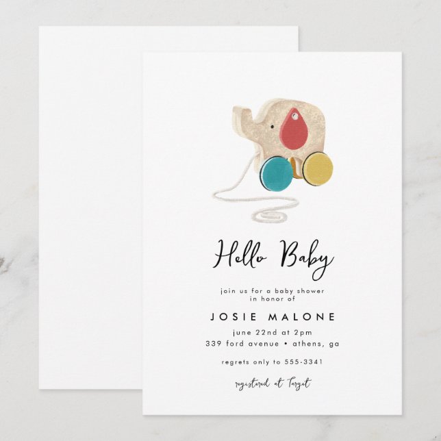 Invitation Jouet éléphant moderne Baby shower neutre genre (Devant / Derrière)