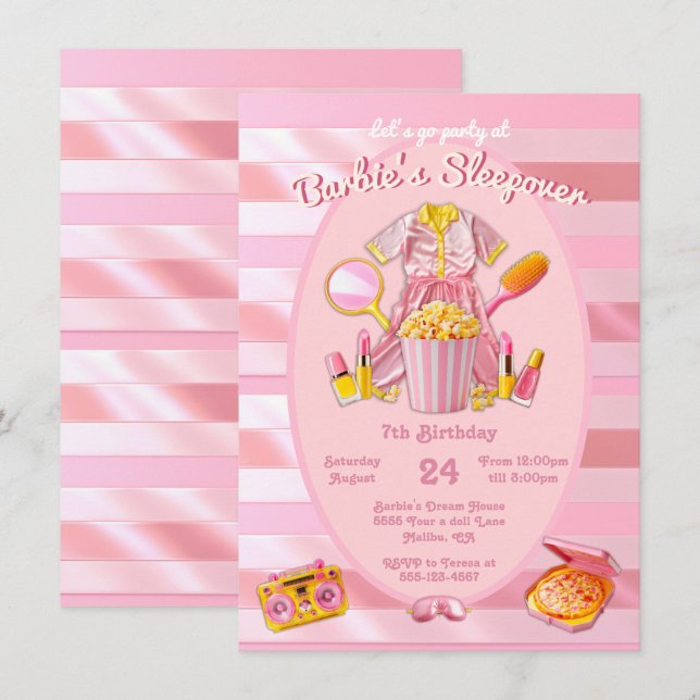 Invitation Jouet rose Doll Sleepover Stwood Anniversaire (Devant / Derrière)