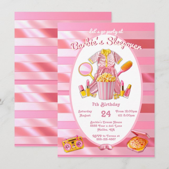 Invitation Jouet rose Doll Sleepover Stwood Anniversaire (Devant / Derrière)