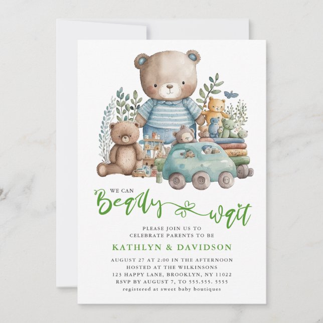 Invitation Jouets d'animaux de bois bleu Baby shower de scrip (Devant)