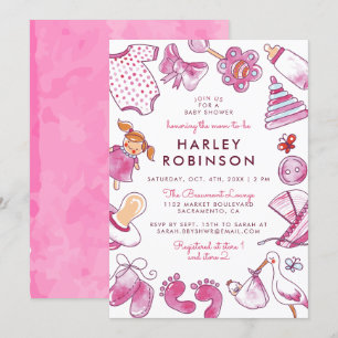 Invitation Jouets d'aquarelle rose mignon   Baby shower bébé 