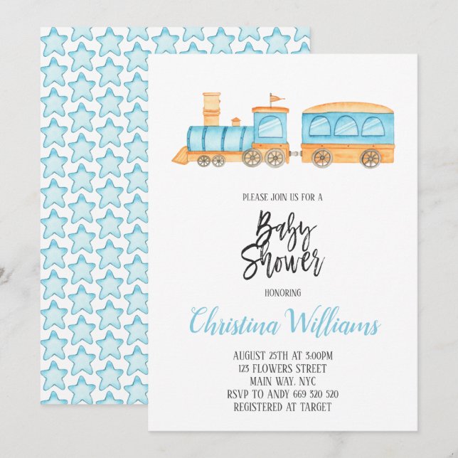 Invitation Jouets de train d'aquarelle Baby shower de garçon  (Devant / Derrière)