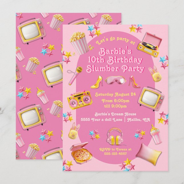 Invitation Jouets poupées roses Stwood Sleepover fête d'anniv (Devant / Derrière)