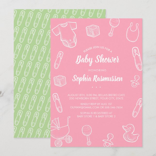 Invitation Jouets pour bébé Fille Vêtements Baby shower rose  (Devant / Derrière)