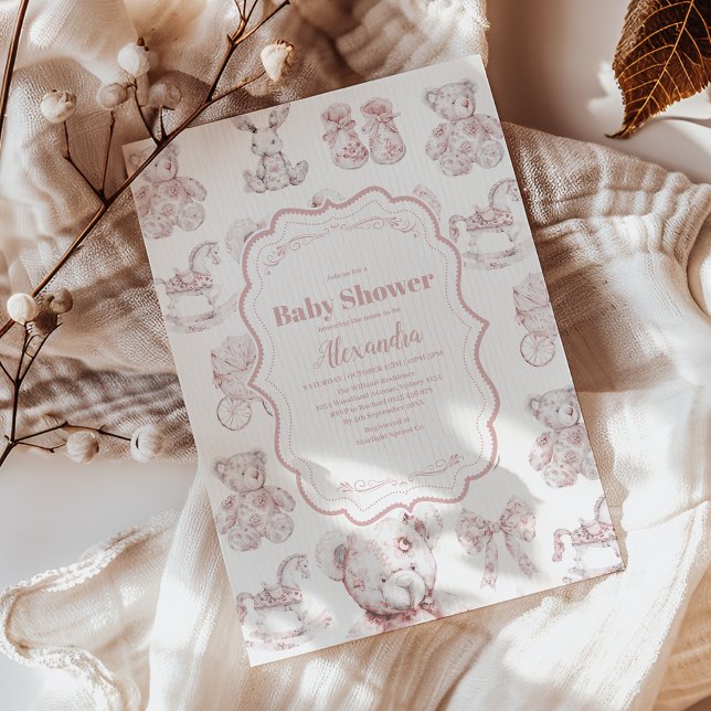 Invitation Jouets Roses Toile De Jouy Baby shower (Créateur téléchargé)