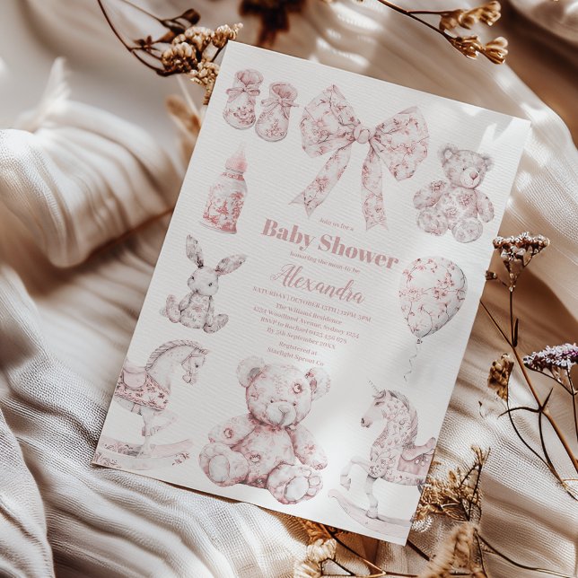 Invitation Jouets Toile De Jouy Rose Baby Shower (Créateur téléchargé)