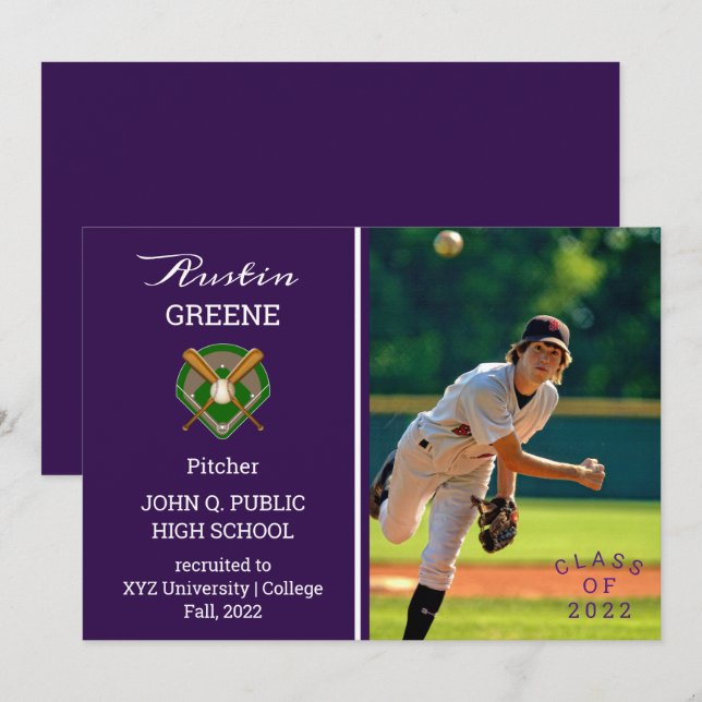 Invitation Joueur de base-ball photo Purple Graduation Invita (Devant / Derrière)