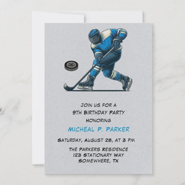 Invitation Joueur de hockey bleu et gris fête d'anniversaire (Devant)