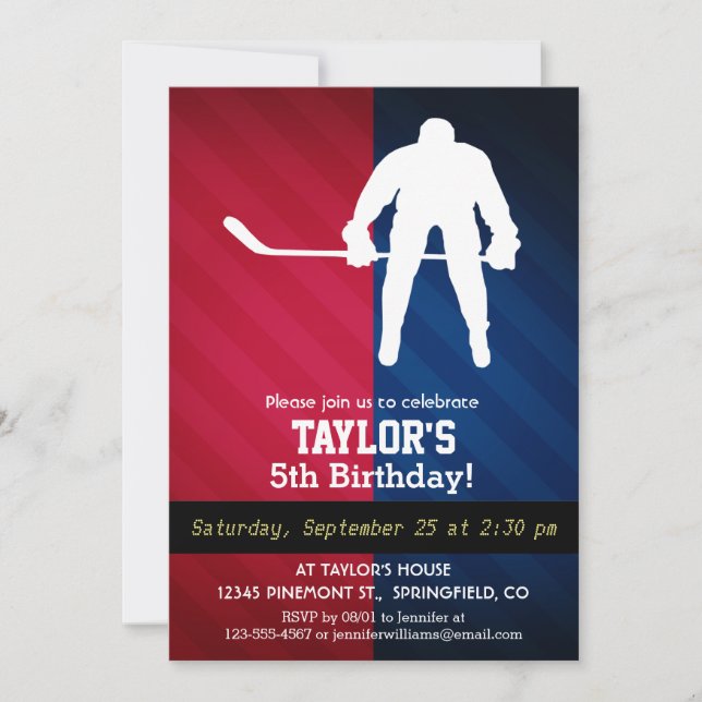 Invitation Joueur de hockey ; rouge, blanc et bleu (Devant)